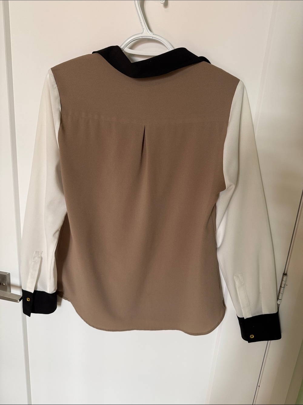 Le Chateau Taupe, Black & White Colorblock Button-Front Blouse - Picture 2 of 4
